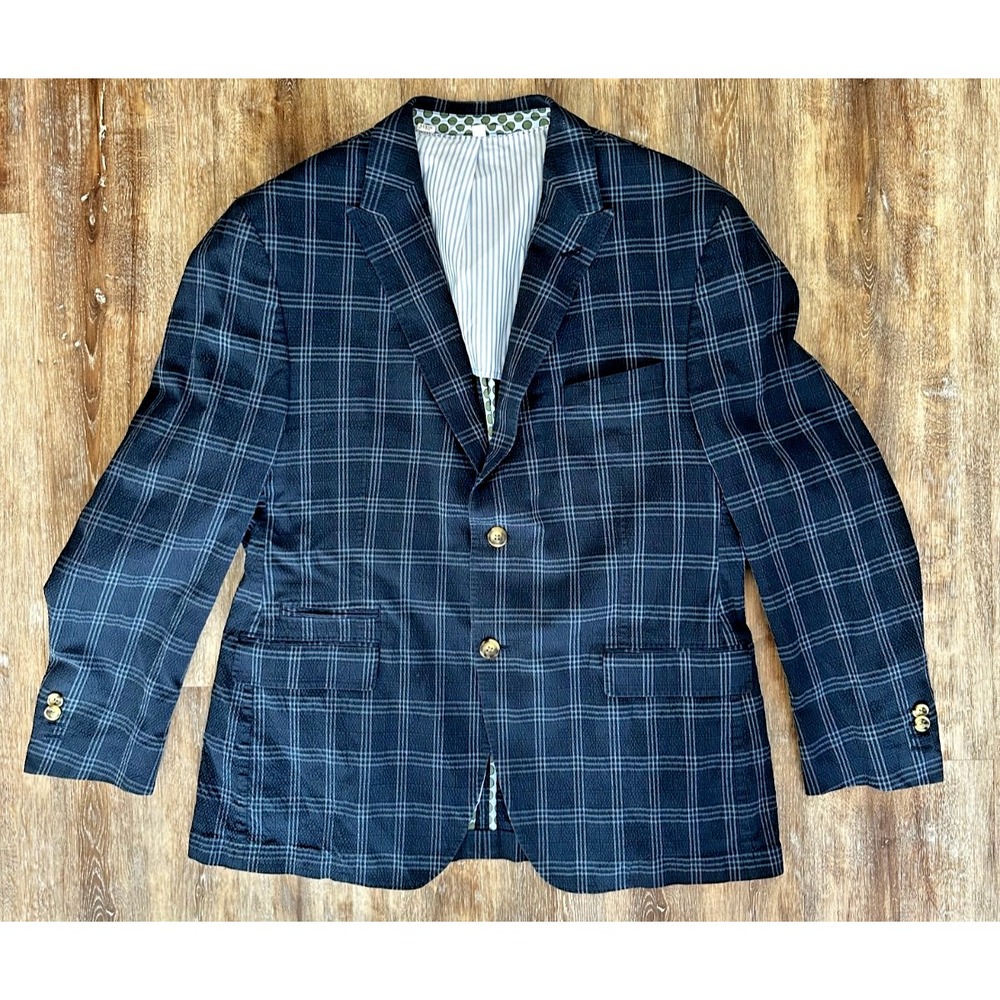 JKT New York Mens Jacket Style London Sz 44 Blue Checker Plaid Sportcoat